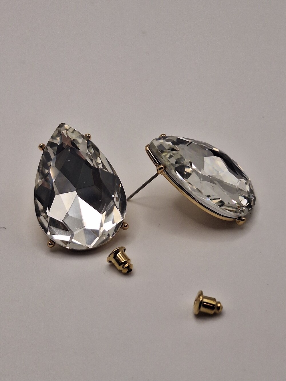 NWT Macy's Oversized Pear Cut Crystal Statement Stud Earrings | Gold Tone
